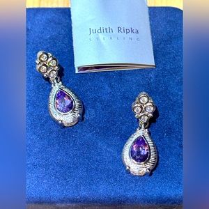 Judith Ripka sterling silver purple and clear diamonique earrings.
